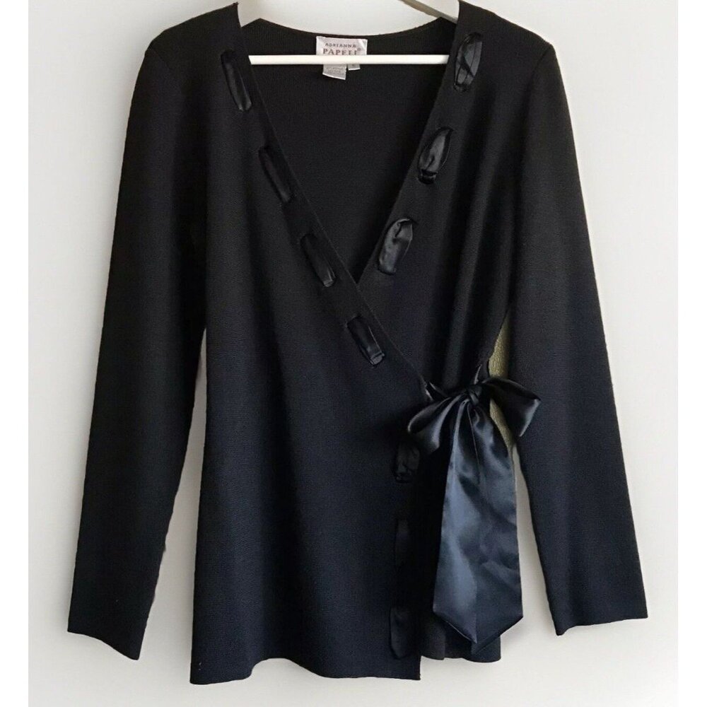ADRIANNA PAPELL Black Wool Blend Ribbon Side Tie‎ Cardigan Sweater Size Small